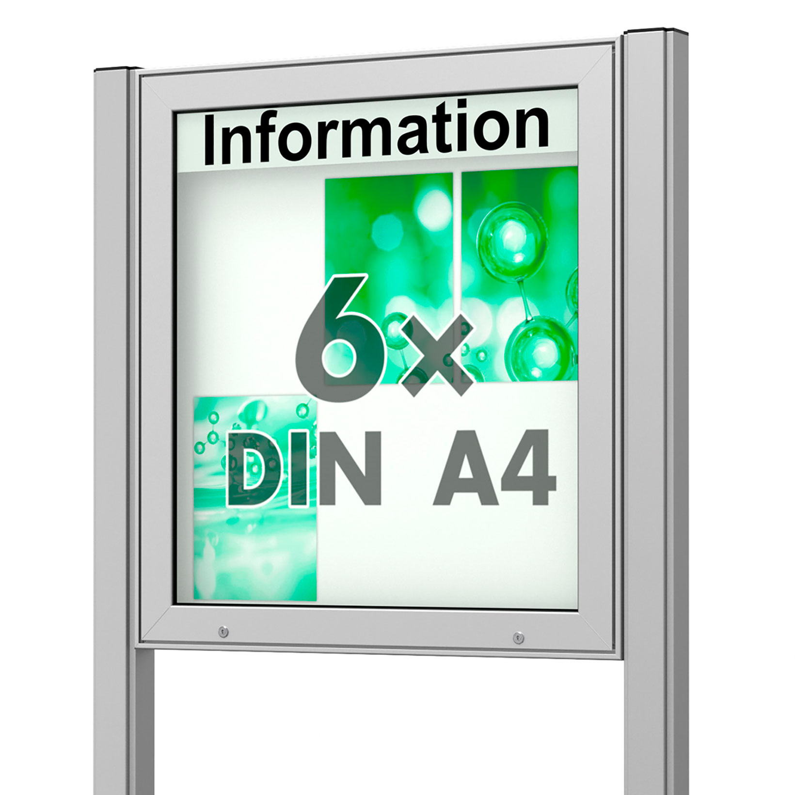 6 x DIN A4 Schaukasten Plenum eckig - der "Klassiker" - 100mm Bautiefe - mit Pfosten und optionaler LED-Beleuchtung